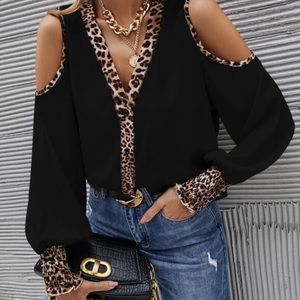 Boho black leopard print button cold shoulder blouse